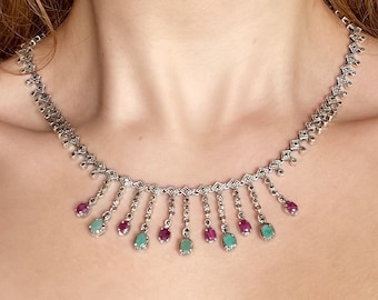 Vintage Ruby Emerald Choker Necklace 925 Sterling Silver