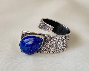 Adjustable Textured Lapis Lazuli Ring 925 Sterling Silver