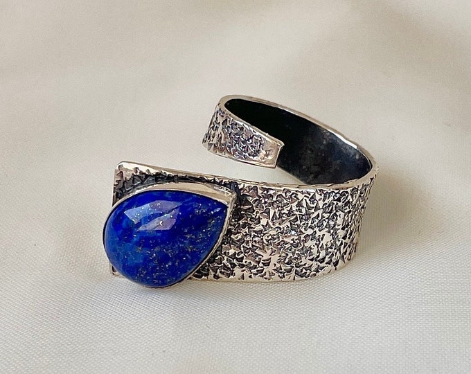 Adjustable Textured Lapis Lazuli Ring 925 Sterling Silver