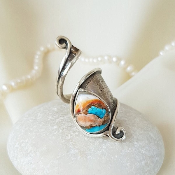 Spiny Oyster Turquoise Ring Sterling Silver, Copper Turquoise Mohave Navajo Ring, Handmade Unique Gemstone Boho Ring Women, Gift for Her