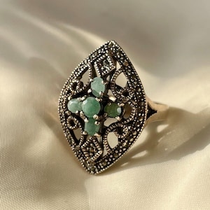 Vintage Emerald Ring Sterling Silver, Elegant Cocktail Ring for Women, Mothers Day Gift for Her, Handmade Rings for Women