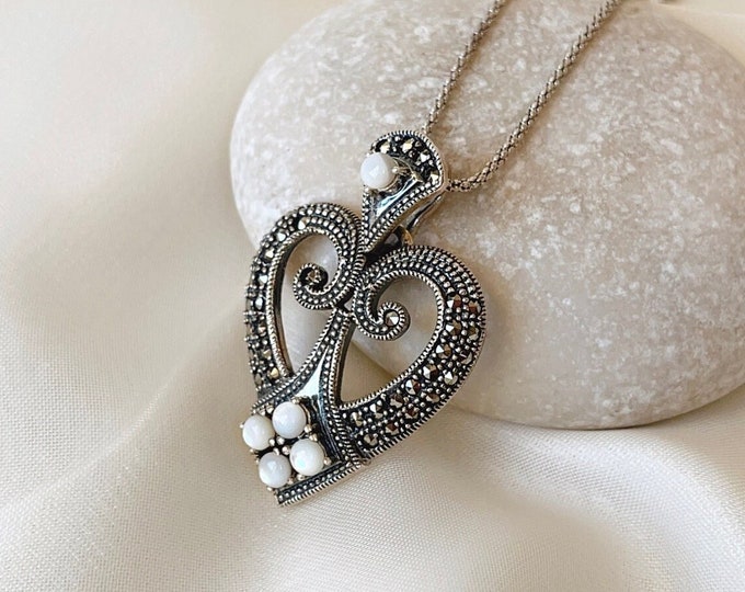 Vintage Marcasite Heart Pendant With Mother Of Pearl 925 Sterling Silver