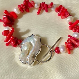 Red Coral and Freshwater Pearl Bracelet Sterling Silver, Toggle Gemstone Bracelet, White Baroque Pearl Bracelet, Mothers Day Gift for Her