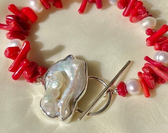 Red Coral and Freshwater Pearl Bracelet Sterling Silver, Toggle Gemstone Bracelet, White Baroque Pearl Bracelet, Mothers Day Gift for Her