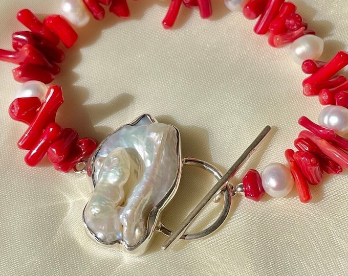 Red Coral and Freshwater Pearl Bracelet Sterling Silver, Toggle Gemstone Bracelet, White Baroque Pearl Bracelet, Mothers Day Gift for Her