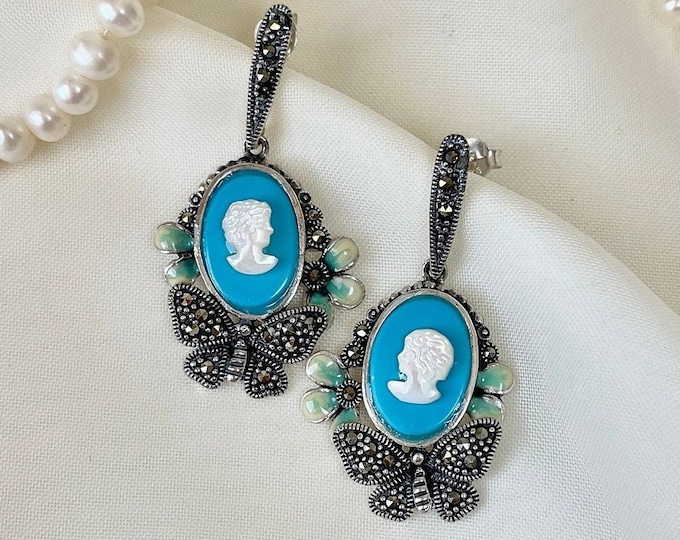 Butterfly Blue Cameo Dangle Earrings 925 Sterling Silver