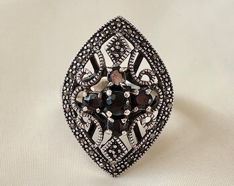 Vintage Black Sapphire Cocktail Ring 925 Sterling Silver