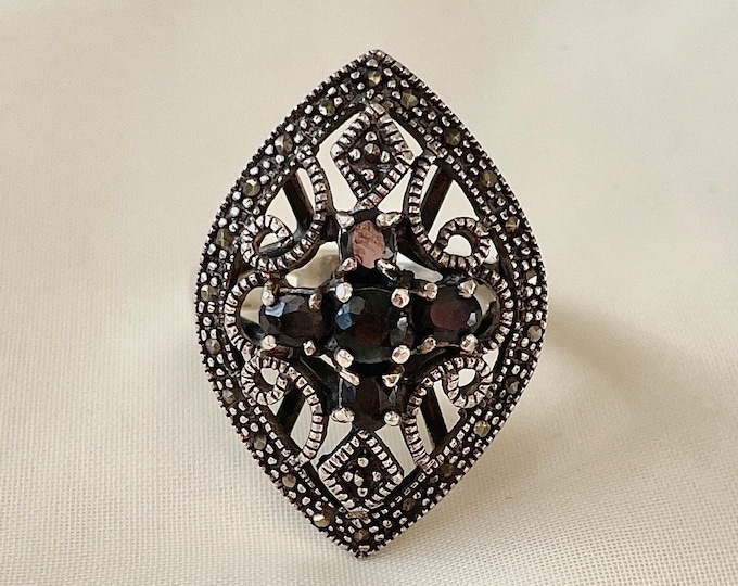 Vintage Black Sapphire Cocktail Ring 925 Sterling Silver