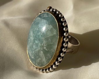 Big Aquamarine Ring, Handmade Sterling Silver Statement Ring, March Birthstone Jewelry, Boho Vintage Style, Gift for Her