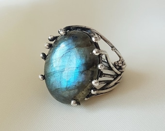 Flash Labradorite Ring 925 Sterling Silver, Handmade Silver Ring, Large Labradorite Ring, Gemstone Boho Ring, Gift for Her, Gift for Mom