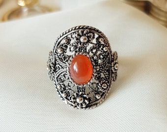 Vintage Carnelian Filigree Ring 925 Sterling Silver