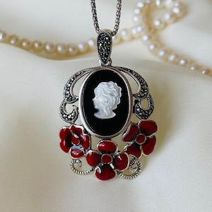 Red Gothic Cameo Necklace Sterling Silver, Vintage Pendant, Handmade Victorian Jewelry, Antique Cameo Pendant, Gift for Her, Gothic Jewelry