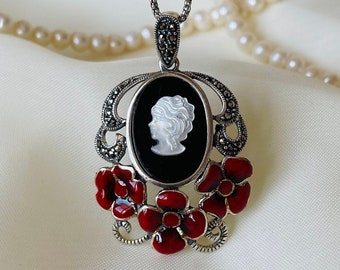 Red Gothic Cameo Pendant Necklace 925 Sterling Silver