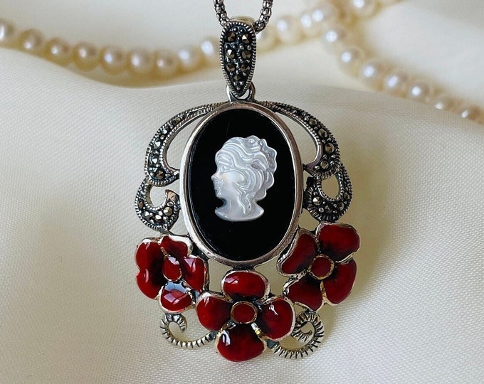 Red Gothic Cameo Pendant Necklace 925 Sterling Silver