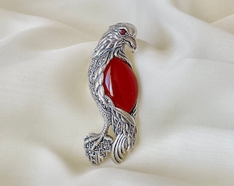 American Bald Eagle with Carnelian Pendant Brooch 925 Sterling Silver