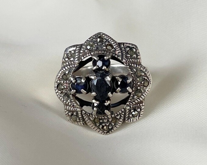 Vintage Black Sapphire Ring Sterling Silver