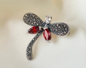 Garnet Dragonfly Brooch 925 Sterling Silver