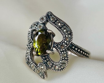 Olive Green Tourmaline Ring Sterling Silver