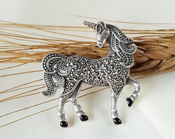 Unicorn Marcasite Pendant Brooch 925 Sterling Silver