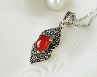 Vintage Carnelian Marcasite Pendant 925 Sterling Silver