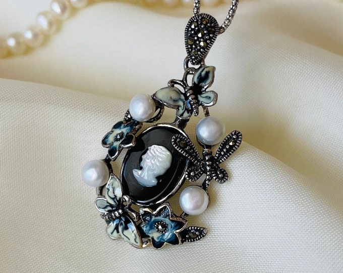 Black Cameo Pendant Sterling Silver, Flower Cameo Necklace, Mother of Pearl Cameo, Victorian Cameo Jewelry, Gift for Her, Necklace for Women