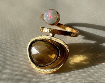 Smoky Quartz and Opal Ring Gold Vermeil Sterling Silver