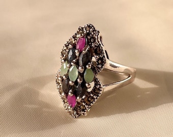 Vintage Ruby Emerald Sapphire Ring Sterling Silver