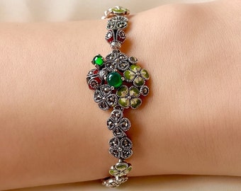 Green Flowers and Ladybug Bracelet 925 Sterling Silver