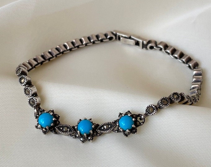 Triple Turquoise Bracelet Sterling Silver, Dainty Flower Bracelet Vintage, Layering Stacking Bracelet, Mothers Day Gift, Gift for Her