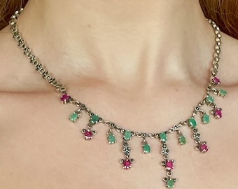 Vintage Ruby Emerald Choker Necklace 925 Sterling Silver