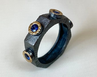 Blue Sapphire Engagement Ring Sterling Silver, Geometric Heptagon Nut Band Ring, Unique Rings, Handmade Stacking Ring, Gift for Her