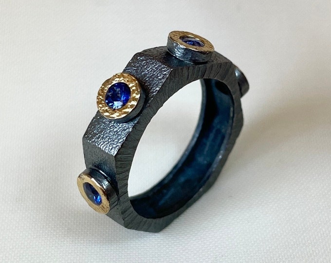 Blue Sapphire Engagement Ring Sterling Silver, Geometric Heptagon Nut Band Ring, Unique Rings, Handmade Stacking Ring, Gift for Her