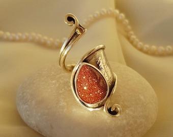 Brown Goldstone Ring Sterling Silver, Sandstone Sunstone Ring, Handmade Ring, Galaxy Sparkle Ring, Open Band Ring, Christmas Gift for Her