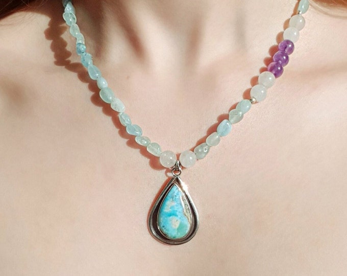 Aquamarine Bead Necklace, March Birthstone Necklace, Larimar Pendant, Boho Necklace Sterling Silver, Blue Stone Necklace, Healing Necklace