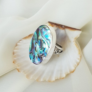 Grote abaloneschelpring sterlingzilver, ring Blue Ocean Wave, cadeau voor haar, handgemaakte boho hippiering, Moederdagcadeau