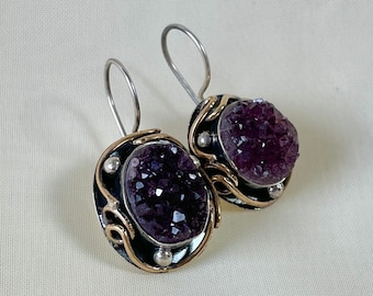 Raw Druzy Amethyst Earrings 925 Sterling Silver