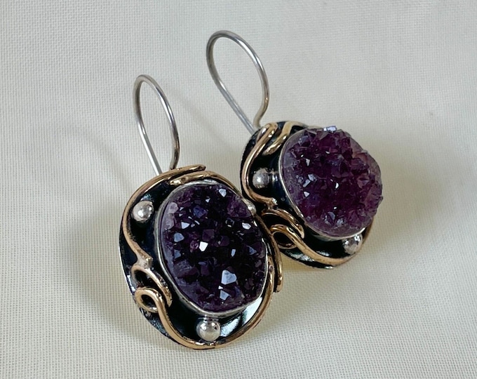 Raw Druzy Amethyst Earrings 925 Sterling Silver