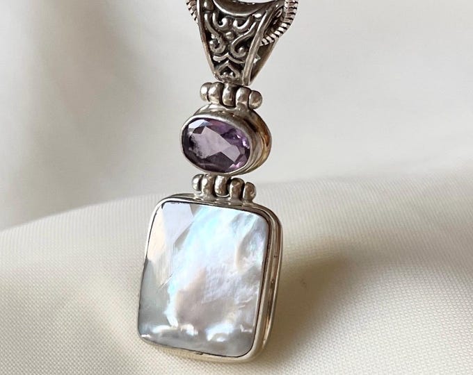 Mother of Pearl and Amethyst Pendant Necklace Sterling Silver