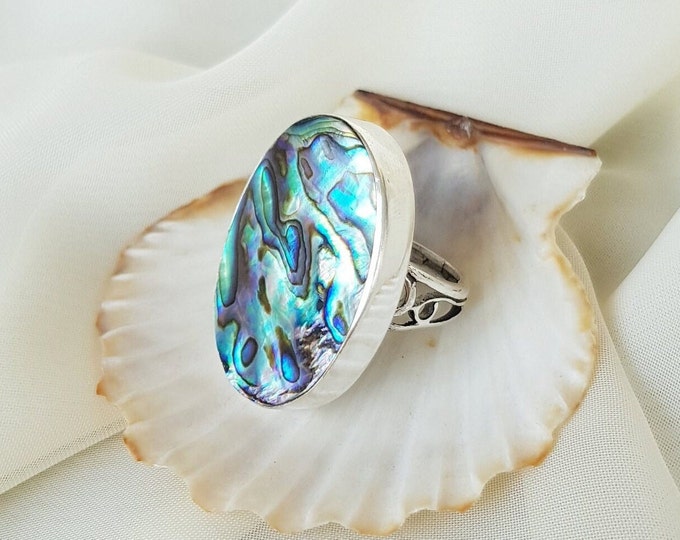 Large Abalone Shell Ring Sterling Silver, Blue Ocean Wave Ring, Gift for Her, Handmade Boho Hippie Ring, Mothers Day Gift