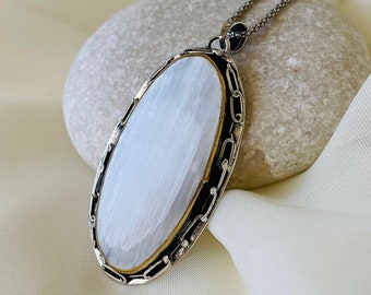 Oval Selenite Pendant 925 Sterling Silver
