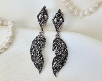 Feather Dangle Sparkly Marcasite Earrings 925 Sterling Silver