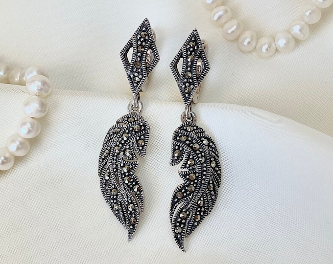 Feather Dangle Sparkly Marcasite Earrings 925 Sterling Silver