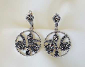 Orchid Flower Earrings Sterling Silver, Dangle Round Earrings, Boho Earrings, Marcasite Statement Earrings, Gift for Her, Prom Earrings
