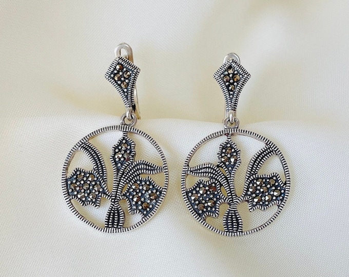 Orchid Flower Earrings Sterling Silver, Dangle Round Earrings, Boho Earrings, Marcasite Statement Earrings, Gift for Her, Prom Earrings