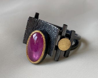 Pink Ruby Ring Black Sterling Silver and Gold