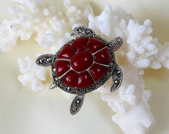 Sea Turtle Brooch 925 Sterling Silver, Cute Turtle Pin, Vintage Tortoise Brooch, Carnelian Brooch, Animal Brooch, Gift for Her, Animal Lover