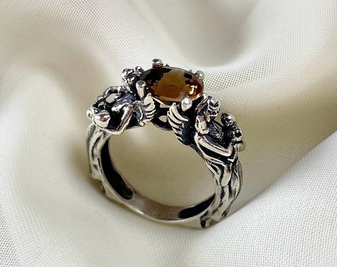 Smoky Quartz Angel Ring 925 Sterling Silver