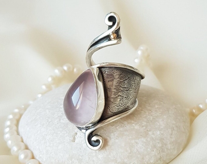 Natural Rose Quartz Adjustable Ring Sterling Silver, Pink Quartz Crystal Ring, Handmade Boho Gemstone Ring, Mothers Day Gift for Her