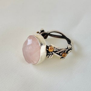 Rose Quartz Vine Ring Sterling Silver, Dainty Pink Rose Quartz Crystal Ring, Handmade Jewelry, Nature Leaf Ring, Mothers Day Gift for Her