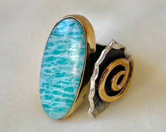 Blue Amazonite Spiral Detail Ring 925 Sterling Silver